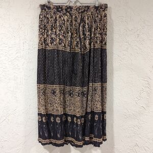 Zero Zero Tan Black Floral Print Boho Maxi Skirt Adjustable Drawstring Women's L